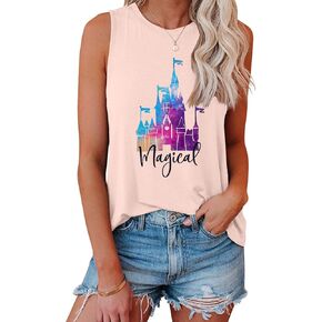 تي شيرت نسائي من Magic Castle بدون أكمام برسومات المملكة السحرية تي شيرت بناتي للرحلات كاجوال للعطلات والعطلات بدون أكمام in Kuwait