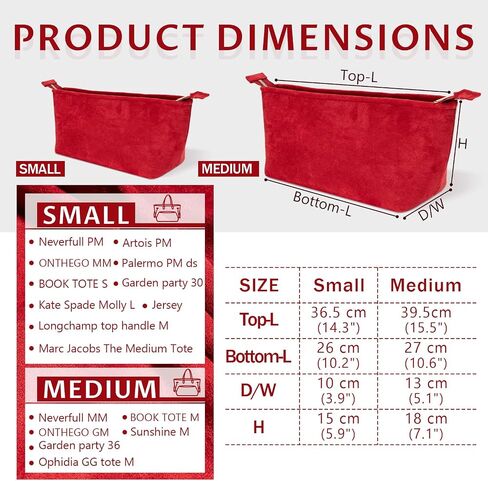 GoTiling Purse Organizer Insert For Handbags, Suede Velvet Handbag Organizer Insert with Zipper, Medium Tote Bag Organizer Insert with 11 Pockets, Bag Tote Shaper fit Neverful MM, Red in Saudi Arabia