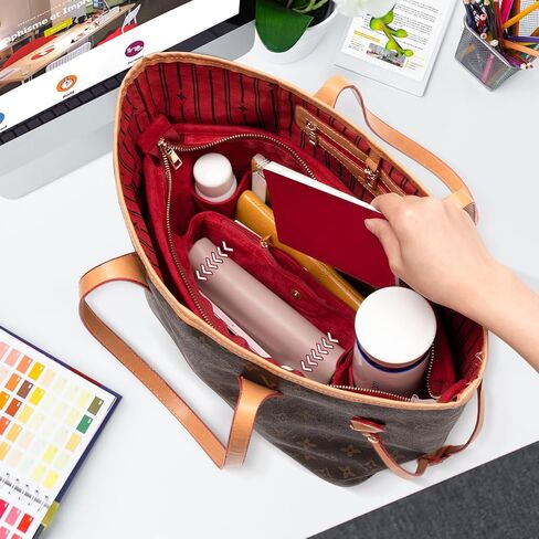 GoTiling Purse Organizer Insert For Handbags, Suede Velvet Handbag Organizer Insert with Zipper, Medium Tote Bag Organizer Insert with 11 Pockets, Bag Tote Shaper fit Neverful MM, Red in Saudi Arabia