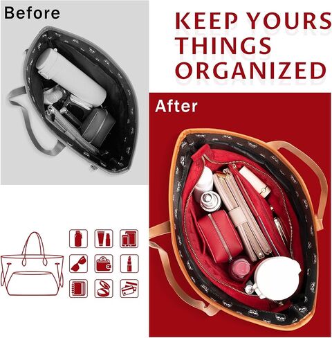 GoTiling Purse Organizer Insert For Handbags, Suede Velvet Handbag Organizer Insert with Zipper, Medium Tote Bag Organizer Insert with 11 Pockets, Bag Tote Shaper fit Neverful MM, Red in Saudi Arabia