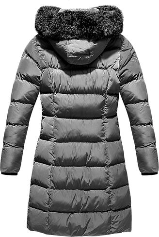 ELORA Heavyweight Women's Vegan Puffer Mid-Length Cargo Coat with Faux Fur Trim Removable Hood in Kuwait