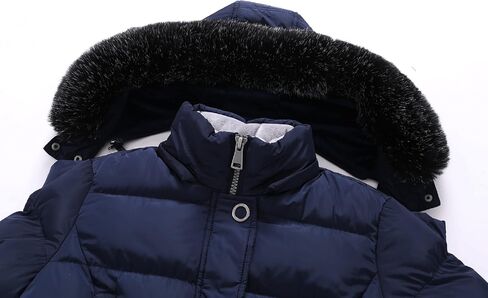 ELORA Heavyweight Women's Vegan Puffer Mid-Length Cargo Coat with Faux Fur Trim Removable Hood in Kuwait