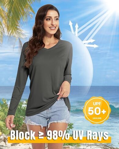 Boladeci Women's UPF 50+ Sun Shirts V Neck Long Sleeve Lightweight Quick Dry UV Protection Clothing Rash Guard Swim T-Shirts in Kuwait