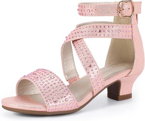 PANDANINJIA Jessie صنادل فستان للفتيات بكعب مفتوح من الأمام وحجر الراين بكعب منخفض أحذية لفتاة الزهور للأطفال الصغار والأطفال الكبار in Kuwait