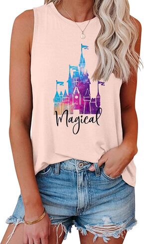 تي شيرت نسائي من Magic Castle بدون أكمام برسومات المملكة السحرية تي شيرت بناتي للرحلات كاجوال للعطلات والعطلات بدون أكمام in Kuwait