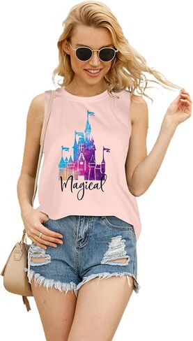 تي شيرت نسائي من Magic Castle بدون أكمام برسومات المملكة السحرية تي شيرت بناتي للرحلات كاجوال للعطلات والعطلات بدون أكمام in Kuwait