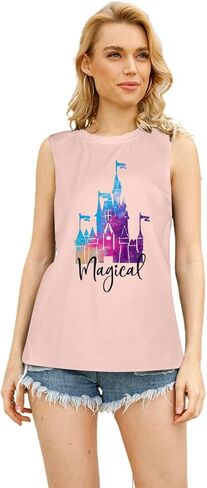 تي شيرت نسائي من Magic Castle بدون أكمام برسومات المملكة السحرية تي شيرت بناتي للرحلات كاجوال للعطلات والعطلات بدون أكمام in Kuwait