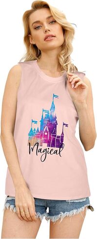 تي شيرت نسائي من Magic Castle بدون أكمام برسومات المملكة السحرية تي شيرت بناتي للرحلات كاجوال للعطلات والعطلات بدون أكمام in Kuwait