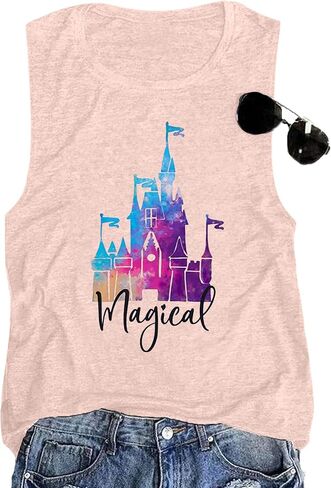 تي شيرت نسائي من Magic Castle بدون أكمام برسومات المملكة السحرية تي شيرت بناتي للرحلات كاجوال للعطلات والعطلات بدون أكمام in Kuwait