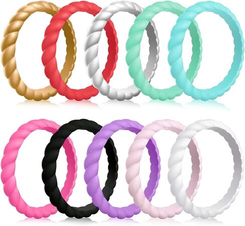 MOKANI Silicone Wedding Ring for Women, 10 Pack Thin and Braided Rubber Band, Fashion, Colorful, Comfortable fit, Skin Safe in Saudi Arabia