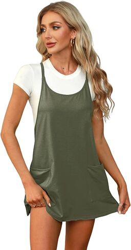فساتين صيفية رياضية كاجوال للنساء، أشرطة سباغيتي، رقبة واسعة، بدون أكمام، فستان قصير مع جيوب كبيرة الحجم in Kuwait