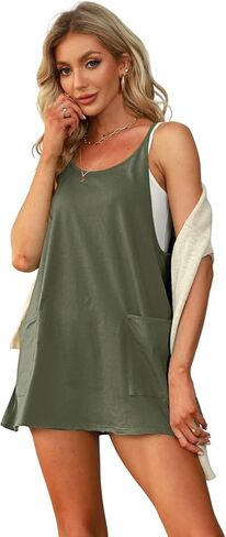 فساتين صيفية رياضية كاجوال للنساء، أشرطة سباغيتي، رقبة واسعة، بدون أكمام، فستان قصير مع جيوب كبيرة الحجم in Kuwait