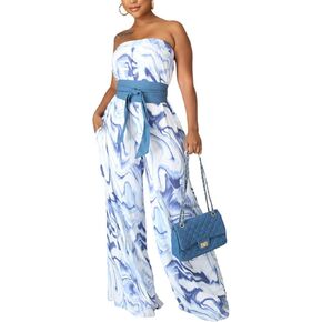 FairyLove Women's Strapless Tube Top Rompers Casual Off Shoulder Printed Sleeveless Belted Wide Leg Jumpsuit with Pockets