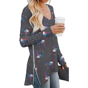 PrinStory Women's Long Sleeve Shirt Fall Tops Casual V Neck Side Split Shirt with Side Zipper