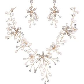 BriLove Women's Bohemian Boho Crystal Teardrop Freshwater Cultured Pearl Handmade Filigree Flower Choker Necklace Dangle Earrings Set