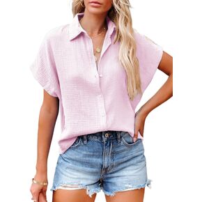 Dokotoo Casual V Neck Button Down Shirts for Women Solid Short Sleeve Blouse Tops