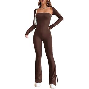 Verdusa Women's 2Pcs Strapless Split Hem Flare Leg Tube Jumpsuit Unitard Crop Shrug Jumpsuits in Saudi Arabia