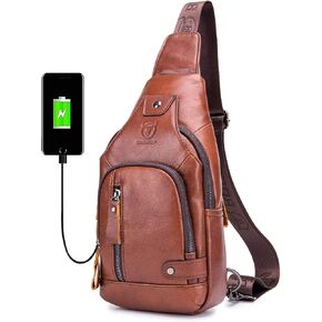 BULLCAPTAIN Leather Sling Bag Mens Chest Bag Casual Shoulder Crossbody Bags Travel Hiking Backpacks Daypack with USB Charging Port (Brown) in Saudi Arabia