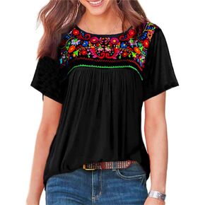 Melliflo Womens Short Sleeve Mexican Shirts Pleated Front Floral Embroidered Tee Shirt Loose Peasant Tunic Tops