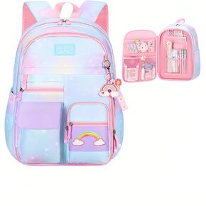 Girls School Backpack,Cute Backpacks for Girls,Elementary School Bag for Teen Girls,Gradient Kids Bookbag with Compartments