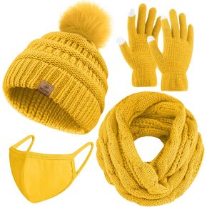 URATOT Winter Warm Knitted Sets Knitted Beanie Hat Scarf Face Cover Touchscreen Gloves Set for Men Women