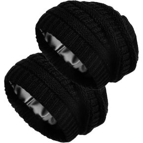 2 Pack Satin Lined Knitted Beanie Hats for Women Winter Warm Stretch Slouch Cable Beanie with Satin Silk Lining