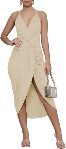 LYANER Women's V Neck Ruched Wrap Slit Hem Sleeveless Spaghetti Strap Midi Bodycon Dress in Kuwait