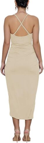 LYANER Women's V Neck Ruched Wrap Slit Hem Sleeveless Spaghetti Strap Midi Bodycon Dress in Kuwait