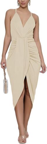 LYANER Women's V Neck Ruched Wrap Slit Hem Sleeveless Spaghetti Strap Midi Bodycon Dress in Kuwait