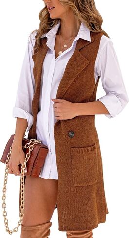 Danedvi Women Open Front Lapel Collar Cardigan Vest Button Down Long Sweaters Cardigan Solid Outerwear Coats in Kuwait