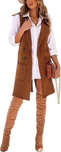 Danedvi Women Open Front Lapel Collar Cardigan Vest Button Down Long Sweaters Cardigan Solid Outerwear Coats in Kuwait