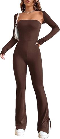 Verdusa Women's 2Pcs Strapless Split Hem Flare Leg Tube Jumpsuit Unitard Crop Shrug Jumpsuits in Kuwait