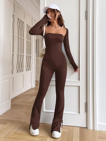 Verdusa Women's 2Pcs Strapless Split Hem Flare Leg Tube Jumpsuit Unitard Crop Shrug Jumpsuits in Kuwait