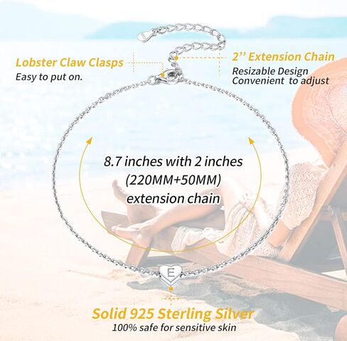 ChicSilver 925 Sterling Silver Initial Anklets for Women Teen Girls Dainty Beach Heart Ankle Bracelet Foot Jewelry-Adjustable Size(with Gift Box) in Kuwait