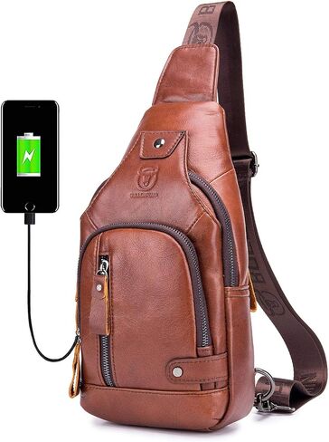 BULLCAPTAIN Leather Sling Bag Mens Chest Bag Casual Shoulder Crossbody Bags Travel Hiking Backpacks Daypack with USB Charging Port (Brown) in Kuwait