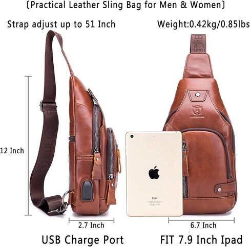 BULLCAPTAIN Leather Sling Bag Mens Chest Bag Casual Shoulder Crossbody Bags Travel Hiking Backpacks Daypack with USB Charging Port (Brown) in Kuwait