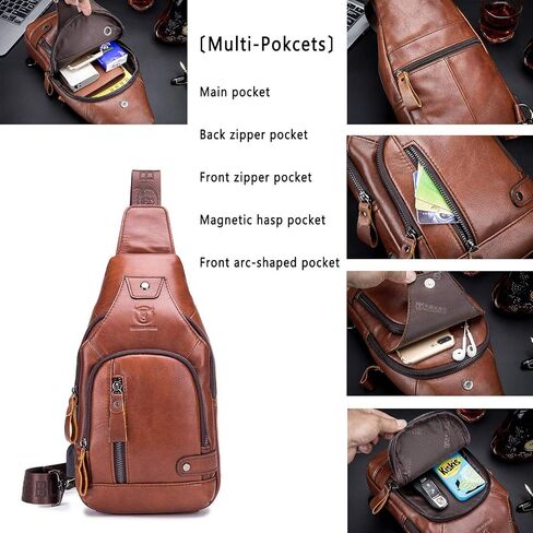 BULLCAPTAIN Leather Sling Bag Mens Chest Bag Casual Shoulder Crossbody Bags Travel Hiking Backpacks Daypack with USB Charging Port (Brown) in Kuwait