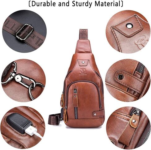 BULLCAPTAIN Leather Sling Bag Mens Chest Bag Casual Shoulder Crossbody Bags Travel Hiking Backpacks Daypack with USB Charging Port (Brown) in Kuwait