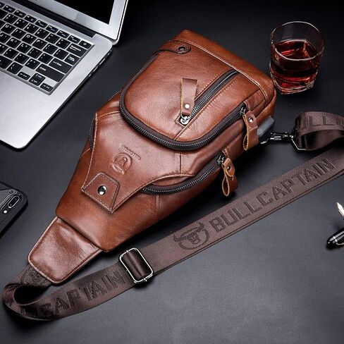 BULLCAPTAIN Leather Sling Bag Mens Chest Bag Casual Shoulder Crossbody Bags Travel Hiking Backpacks Daypack with USB Charging Port (Brown) in Kuwait