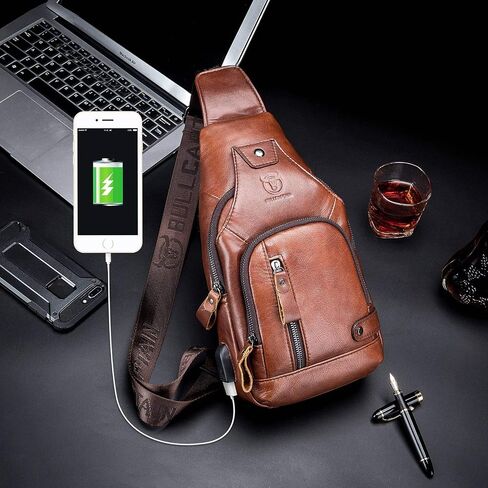 BULLCAPTAIN Leather Sling Bag Mens Chest Bag Casual Shoulder Crossbody Bags Travel Hiking Backpacks Daypack with USB Charging Port (Brown) in Kuwait