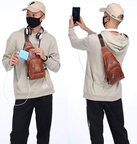 BULLCAPTAIN Leather Sling Bag Mens Chest Bag Casual Shoulder Crossbody Bags Travel Hiking Backpacks Daypack with USB Charging Port (Brown) in Kuwait