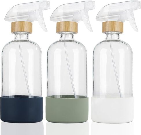 HOMBYS Empty Bamboo Glass Spray Bottles with Silicone Sleeve Protection - Refillable 17 oz Clear Glass Containers for Cleaning Solutions, Essential Oils, Misting Plants - Quality Sprayer - 3 Pack in Kuwait