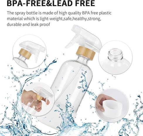 HOMBYS Empty Bamboo Glass Spray Bottles with Silicone Sleeve Protection - Refillable 17 oz Clear Glass Containers for Cleaning Solutions, Essential Oils, Misting Plants - Quality Sprayer - 3 Pack in Kuwait