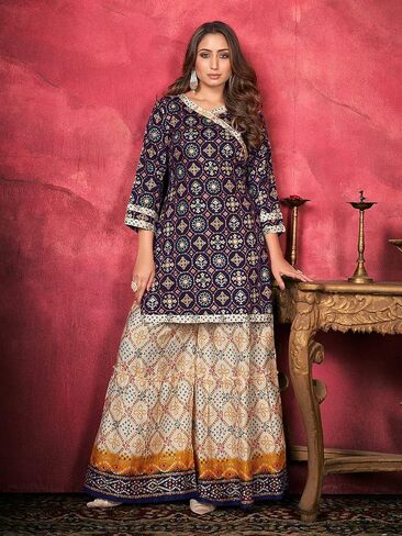 Indian Kurti for Womens With Palazzo/Pant | Rayon Embroidered Kurta Partywear Kurtis Dress For Women Tops Tunic in Saudi Arabia