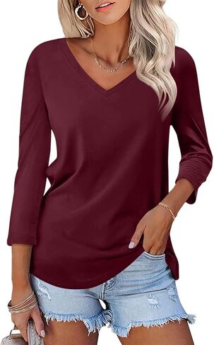 Minetom Women's V Neck 3/4 Sleeve T Shirt Solid/Color Block Casual Basic Tops Summer Tees in Saudi Arabia
