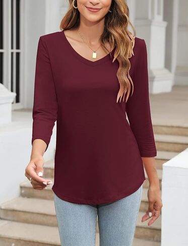 Minetom Women's V Neck 3/4 Sleeve T Shirt Solid/Color Block Casual Basic Tops Summer Tees in Saudi Arabia