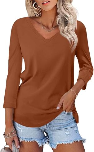 Minetom Women's V Neck 3/4 Sleeve T Shirt Solid/Color Block Casual Basic Tops Summer Tees in Saudi Arabia