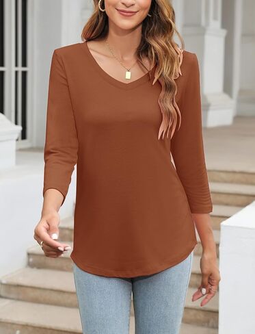 Minetom Women's V Neck 3/4 Sleeve T Shirt Solid/Color Block Casual Basic Tops Summer Tees in Saudi Arabia