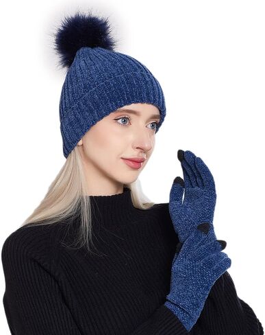 Women Beanie Hats Winter Gloves, Soft Knit Warm Hat and Gloves Sets, Lady Earmuffs Cap,Beanie Hats for Women Young Girls in Saudi Arabia
