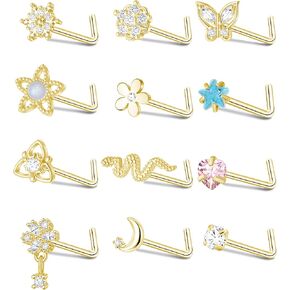 fxiqini 12 قطعة حلقات مسمار الأنف على شكل حرف L مكعب زركونيا من الفولاذ المقاوم للصدأ ترصيع الأنف القمر فراشة ثعبان زهرة قلب أحمر نجمة متدلية ثقب الأنف مجوهرات الأنف مسمار للنساء الرجال 20 جرام فضي ذهبي لهجة in Kuwait